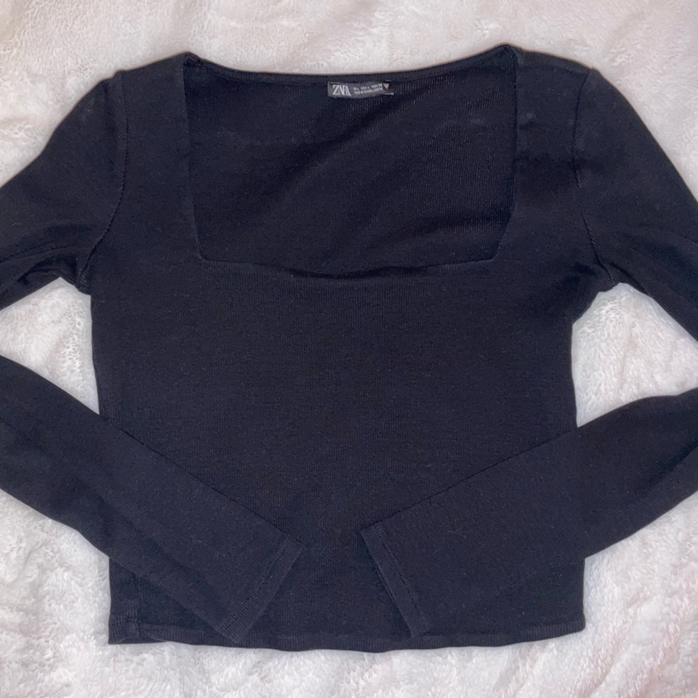 Zara Square Neck Long Sleeve Black Top